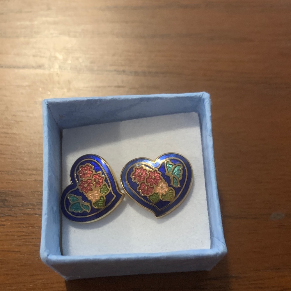 Cloisonné Floral Heart Earrings in Blue and Gold